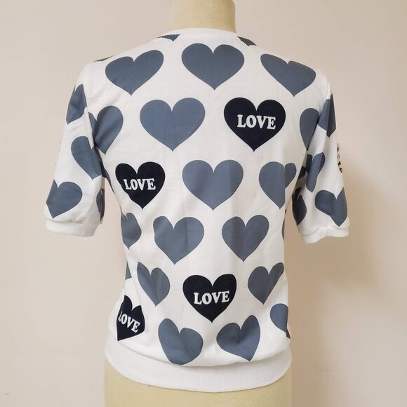 Pearl Studded Black Grey Hearts Love White Short Sleeve Top by ORIGINAL - Picture 3 of 8